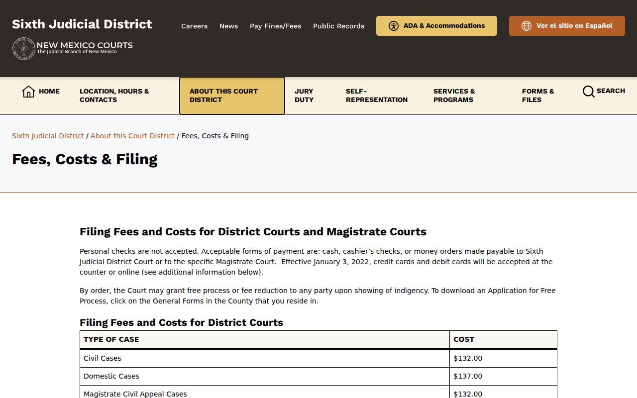 Grant County court schedule source for Sixth District fees and filing information
