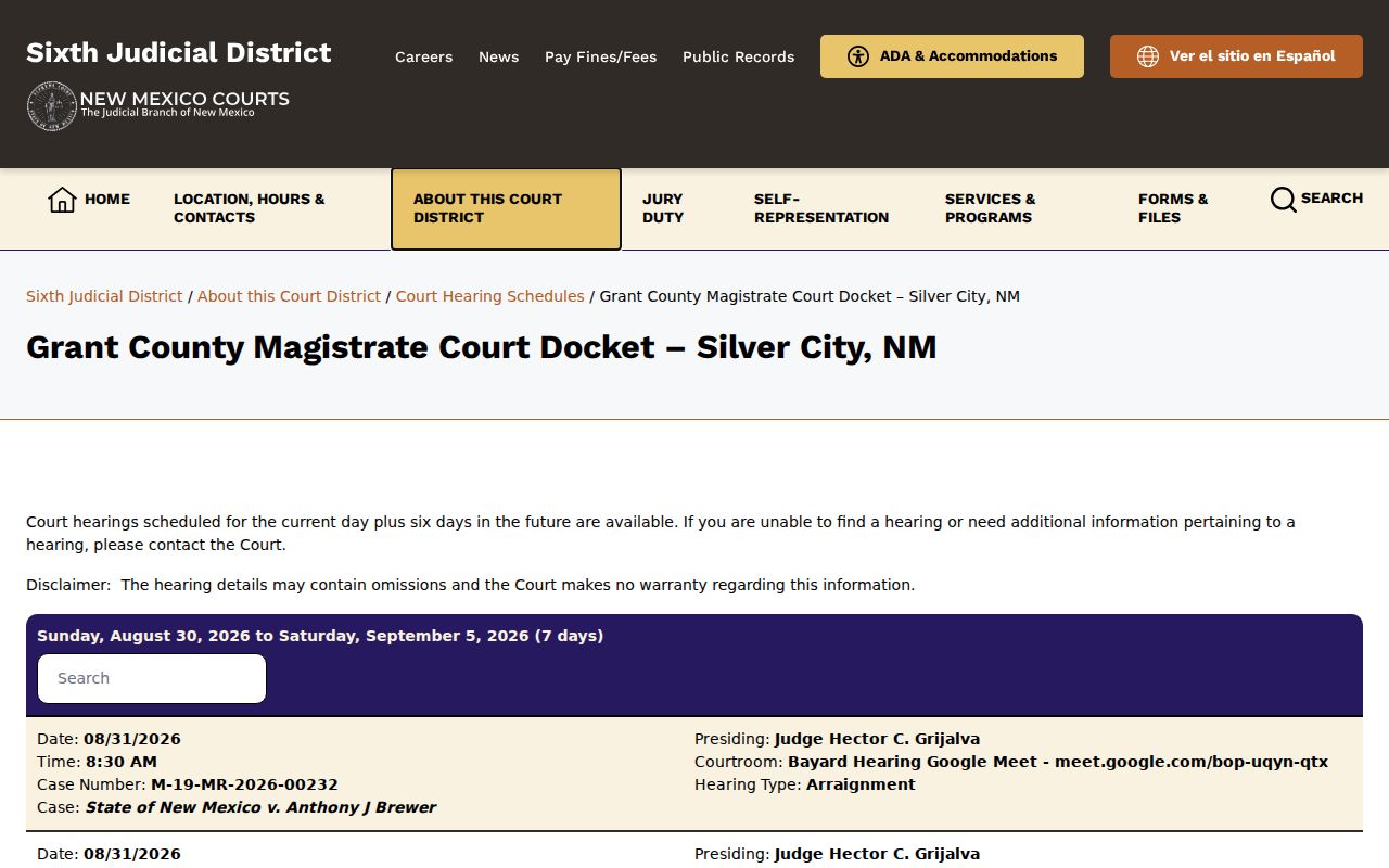 Silver City court docket for Grant Magistrate Division I